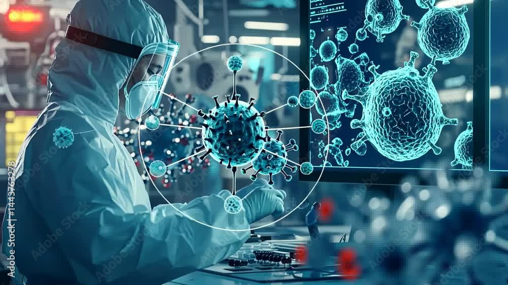 Poster exploring breakthrough research in virology at a high-tech laboratory in the heart of innovation and