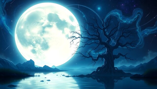 A surreal nighttime landscape illuminated by a massive luminescent moon, pulsating with cosmic energy. A single ancient tree, gnarled and twisted, rises from a reflective water surface, its silhouette