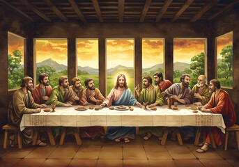 The Last Supper Jesus Christ with Apostles, Religious Artwork, Dining Table, Landscape Backdrop.