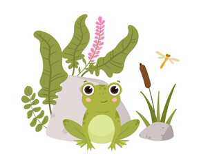 Cute green frog. Cartoon amphibia in natural habitat, sitting froggy flat vector illustration. Green little frog character