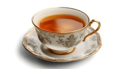 A delicate porcelain teacup filled with amber tea rests on a matching saucer against a pure white background.