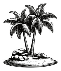 Hand Drawn Engraving of Two Palm Trees on a Small Island