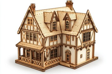 The miniature wooden house on display showcases a charming blend of rustic architecture and warm, inviting illumination