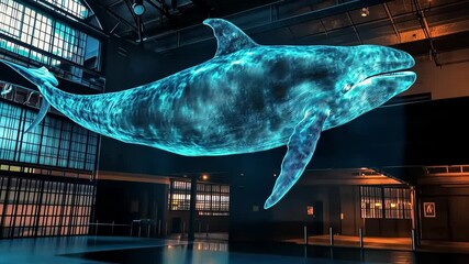 Stunning holographic whale swimming through an immersive art installation at a modern cultural center Generative AI
