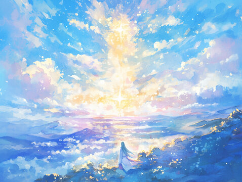  A watercolor style painting of Amaterasu and Tsukuyomi dividing the vast sky into their own realms, a harmonious and serene scene painted with soft and translucent colors.