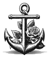 Hand-Drawn Engraving of Anchor with Rose Illustration