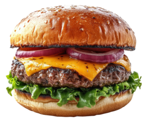 Juicy beef burger with cheese fast food restaurant delicious isolated on transparent background