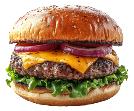Juicy beef burger with cheese fast food restaurant delicious isolated on transparent background - Powered by Adobe