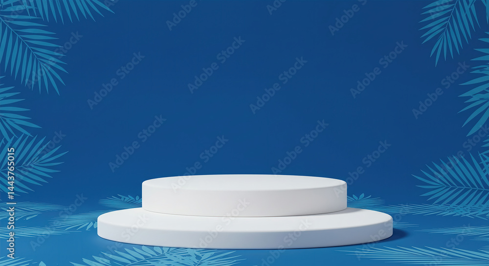 Poster white podium shelf or empty pedestal display on vivid blue summer background with palm leaf pattern.