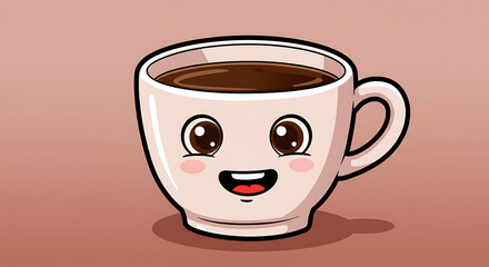 Cheerful cartoon coffee cup illustration on a light brown background perfect for a morning wake-up or cafe menu design with happy facial expressions.