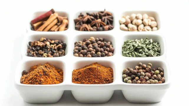 A variety of spices arranged on a white tray