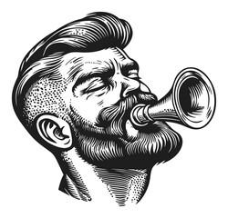 Vintage Hand-Drawn Engraving of a Man Blowing a Horn Illustration