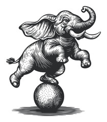 Vintage Hand-Drawn Engraving of Elephant Balancing on a Ball