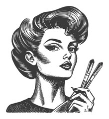 Classic Hand-Drawn Engraving of Stylish Woman with Makeup Brushes
