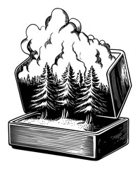 Hand Drawn Engraving of Forest Scene with Smoke Illustration