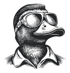 Stylish Duck Wearing Sunglasses and Shirt, Hand-Drawn Illustration