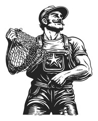 Vintage Hand-Drawn Engraving of Fisherman with Net in Illustration
