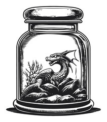 Hand-Drawn Engraving of a Dragon in a Jar Illustration