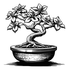 Hand-Drawn Engraving of a Bonsai Tree with Detailed Flowers and Roots