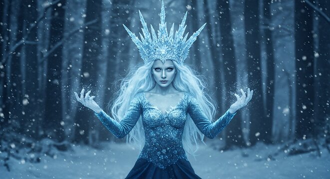 Ice queen in snowy forest