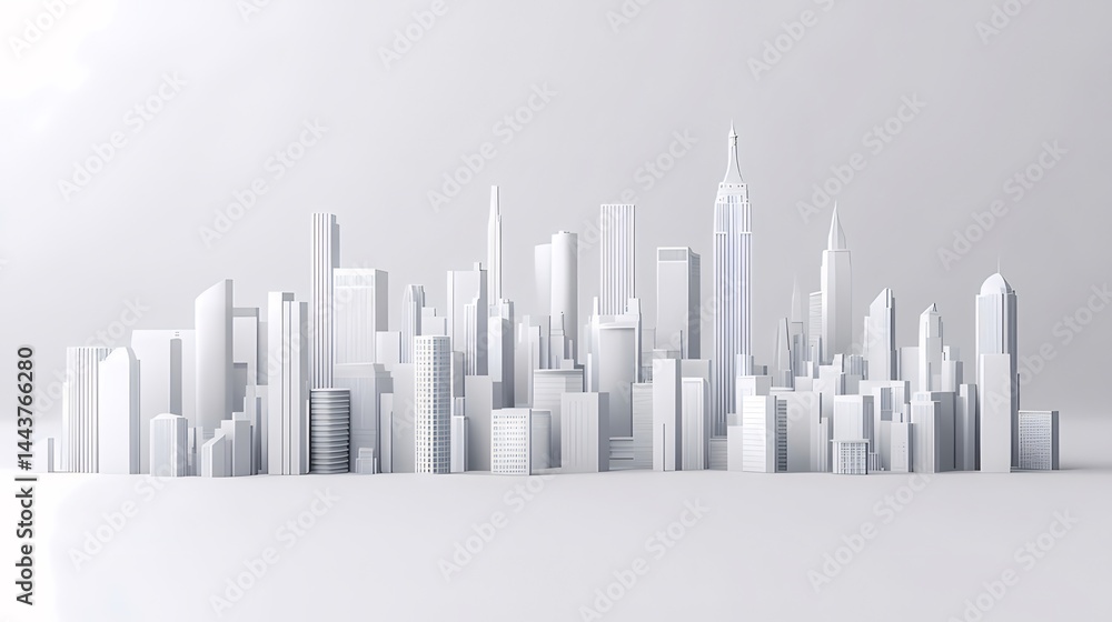 Poster 白を基調とした未来的な都市景観の3dレンダリング シンプルな建築デザインと影が特徴的