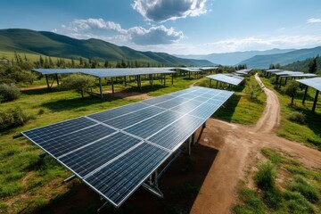 Array of photovoltaic panels arranged in rows at a farm with mountainous landscape and open sky providing sustainable energy.