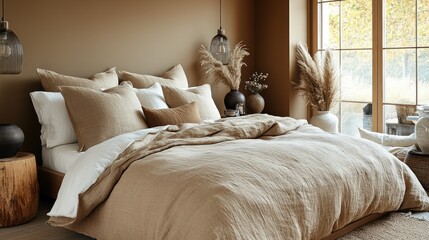 Beige linen bedding in a cozy bedroom