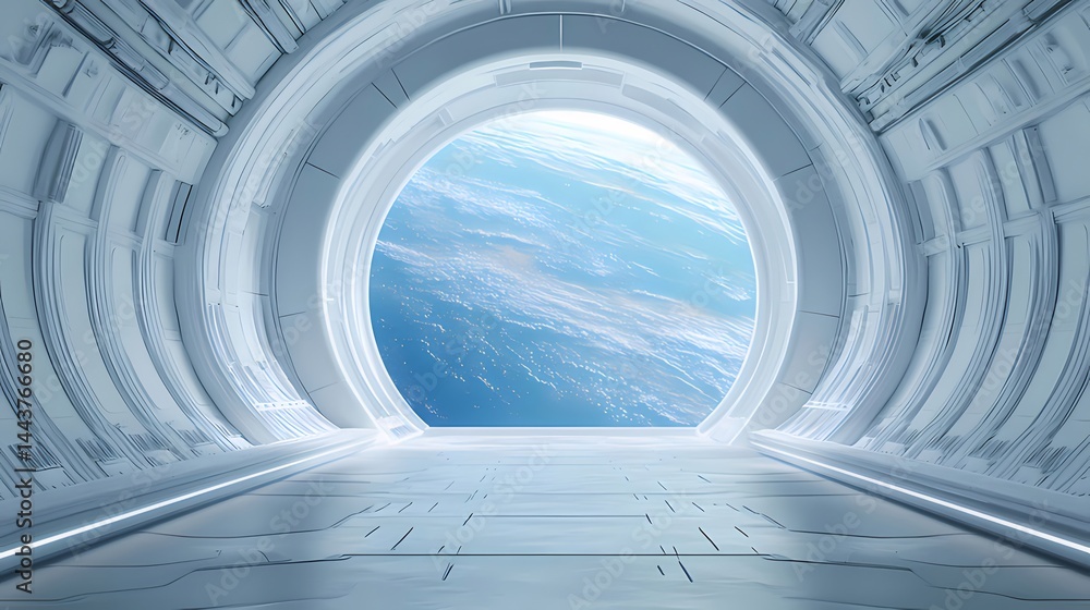 Aufkleber 白く未来的な宇宙ステーションの通路の円形窓から見える地球の光景