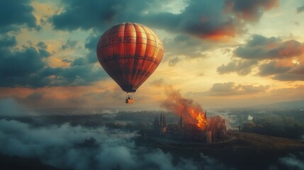 Burning castle, hot air balloon, dramatic sky