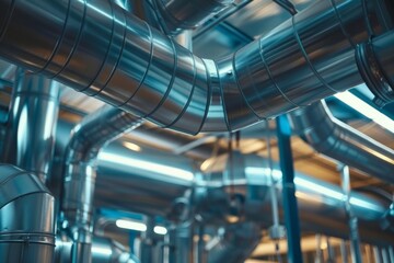 Modern HVAC system with stainless steel pipes in professional kitchen