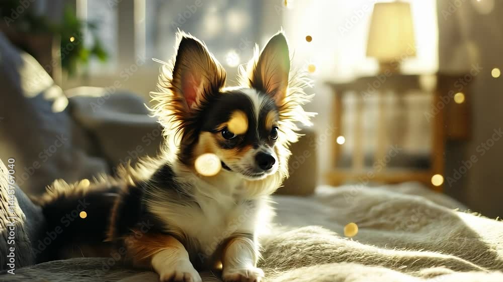 Wall mural A small chihuahua with long fur sits on a soft blanket in a warmly lit room. Light particles float in the air, adding a calm ambiance to the setting.