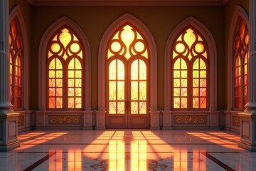 Luxurious Fantasy Palace Hall with Amber-Gold Stained Glass and Marble Flooring
