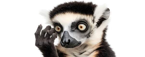 Obraz premium Ring tailed lemur with hand near face stares intently