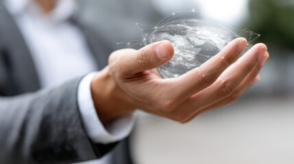Global business vision.  A person holds a holographic image of the Earth, symbolizing global connectivity and technology