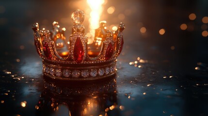 Golden crown with vibrant jewels, bathed in warm light, sits on a reflective surface