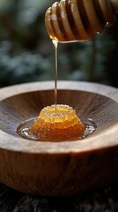 Honey dripping over honeycomb in wooden bowl