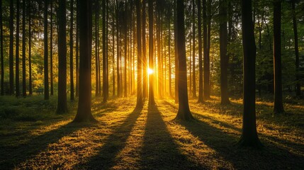 Obraz premium Golden sunrise rays in a lush green forest landscape with tall trees calm view park leaf path light