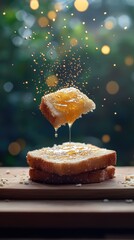 Honey-drizzled toast slice in mid-air,  deliciously displayed against a blurred bokeh background.  Freshly baked bread, golden honey drizzle, and light glistening droplets in motion