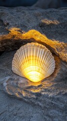 Illuminated seashell nestled in rocks