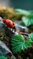 Ladybug on a rock, surrounded by moss and leaves