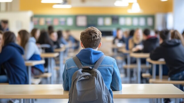Unrecognizable lonely teen sitting alone in school cafeteria, symbolizing social isolation, bullying, or adolescent depression. Empty chair concept