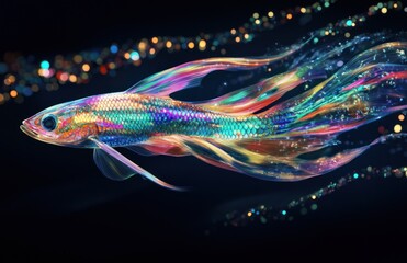 Colorful fish swims, bokeh background, abstract art, aquarium decor