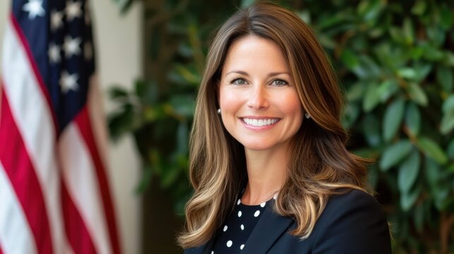 Confident Businesswoman Smiling in Suit with USA Flag Background &ndash; Success, Leadership, and Patriotism Concept