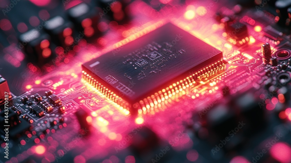 Poster glowing cpu microchip on circuit board: a close-up view of advanced technology