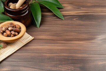 Naklejka premium Seeds in wooden bowl beside mortar and pestle with green leaves on wood tabletop food photography