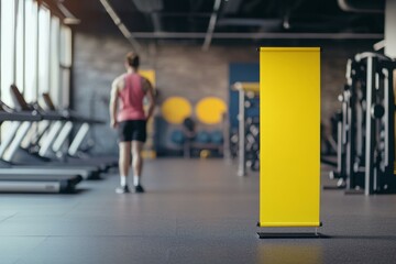  Yellow pull-up banner mockup in modern gym with blurred fitness equipment and person in background