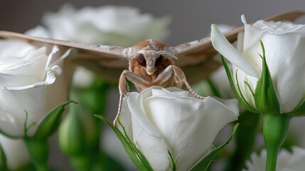 Moth centered on white roses
