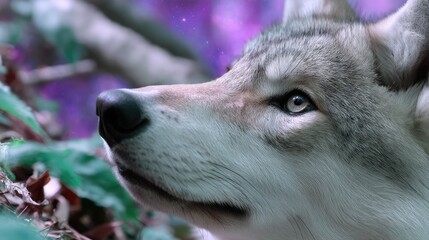 Mystical wolf portrait in enchanted forest