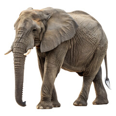 Obraz premium Impressive and serene African elephant moving confidently across the sandy terrain, highlighted by its massive ears and long trunk against white