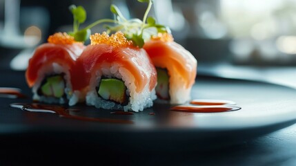  Exquisite Hawaiian tuna poke rolls in gourmet setting with vibrant garnishes and soy glaze on black plate